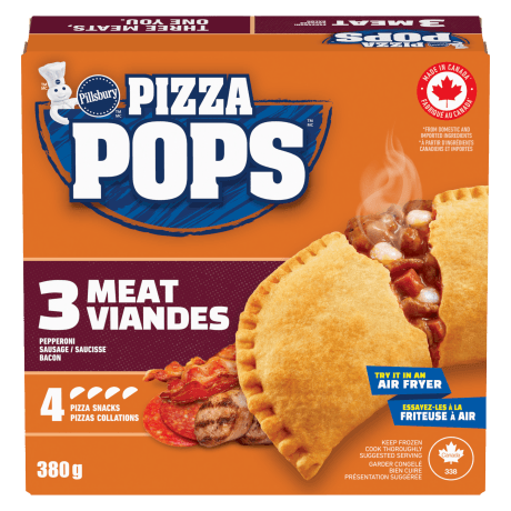One box of Pillsbury Pizza Pops, Three meat, 4 pack, front of product.