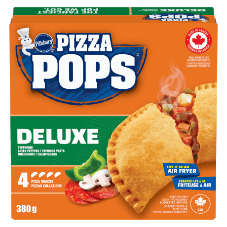 One box of Pillsbury Pizza Pops, Deluxe style, 4 pack, front of product.