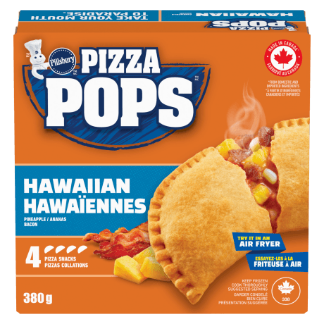 One box of Pillsbury Pizza Pops, Hawaiian, 4 pack, front of product.