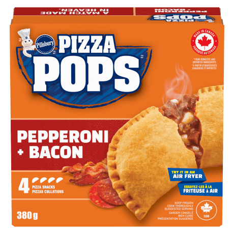 One box of Pillsbury Pizza Pops, Pepperoni + Bacon, 4 pack, front of product.