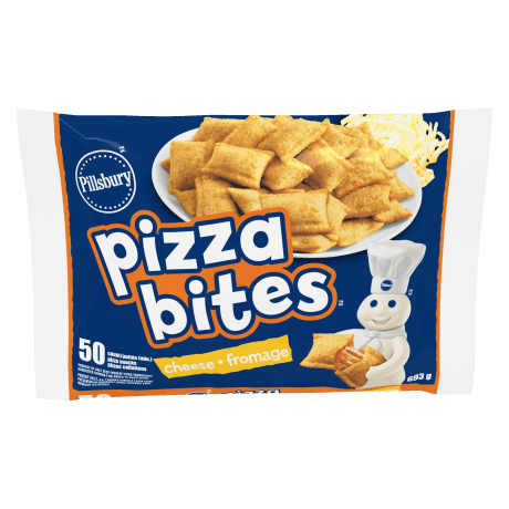 Un sac de Pillsbury Pizza Bites au fromage, devant du produit.