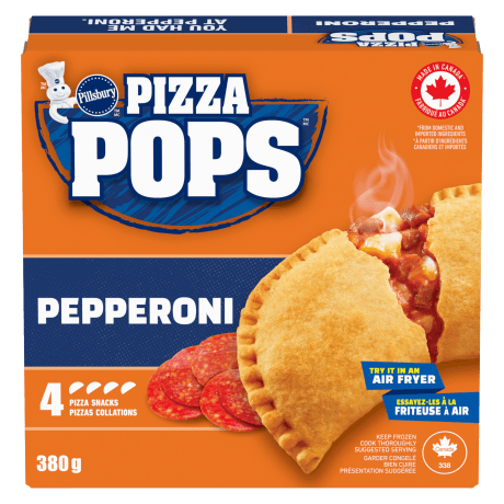 Une boîte de Pillsbury Pizza Pops au pepperoni, paquet de 4, devant du produit.