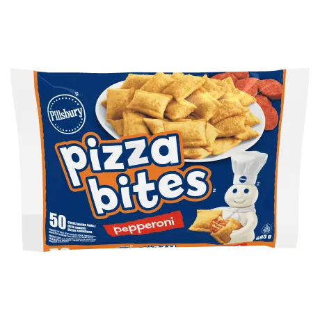 One bag of Pillsbury Pepperoni pizza bites, front of product.