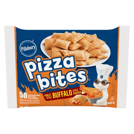 One bag of Pillsbury Buffalo style Pizza Bites, front of product