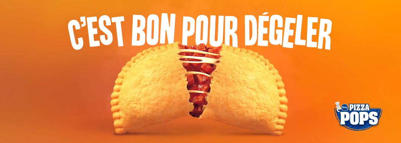 Half open Pizza Pop in the middle with cheese and a orange background with copy saying, "C'est Bon Pour Degeler" and Pizza Pops logo in white letters