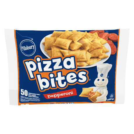 One bag of Pillsbury Pepperoni pizza bites, front of product.