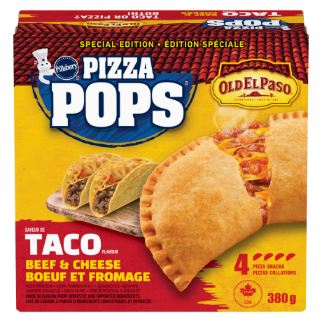 One box of Pillsbury Pizza Pops, Taco, 4 pack, front of product.
