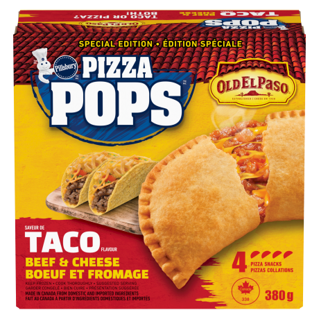 One box of Pillsbury Pizza Pops, Taco, 4 pack, front of product.