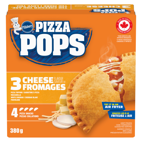 One box of Pillsbury Pizza Pops, Three Cheese, 4 pack, front of product.