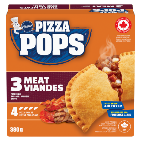 One box of Pillsbury Pizza Pops, Three meat, 4 pack, front of product.
