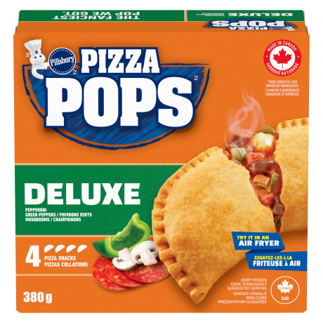 One box of Pillsbury Pizza Pops, Deluxe style, 4 pack, front of product.