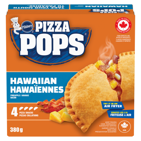 One box of Pillsbury Pizza Pops, Hawaiian, 4 pack, front of product.