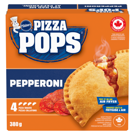 One box of Pillsbury Pepperoni Pizza Pops. 4 pack, front of product.