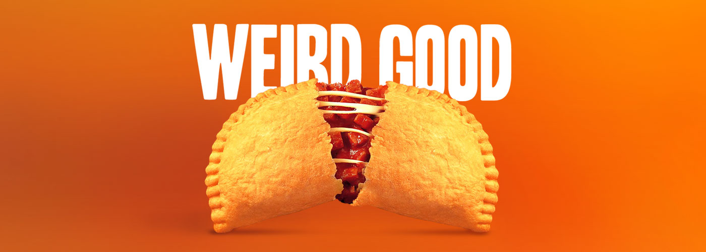 Pizza Pop on a orange background with the text "Weird Good" in the middle in white