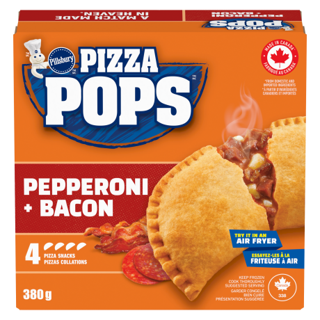 One box of Pillsbury Pizza Pops, Pepperoni + Bacon, 4 pack, front of product.