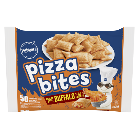 One bag of Pillsbury Buffalo style pizza bites, front of product.